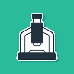 Blue Microscope icon isolated on green background. Chemistry, pharmaceutical instrument, microbiology magnifying tool. Vector