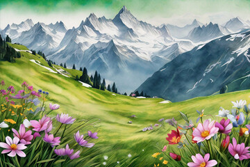 
Beautiful Snow-covered hills in the distance view landscape with sky, clouds and colorfull digital  painting, Beautiful field of tulips 
growing on the slope.
