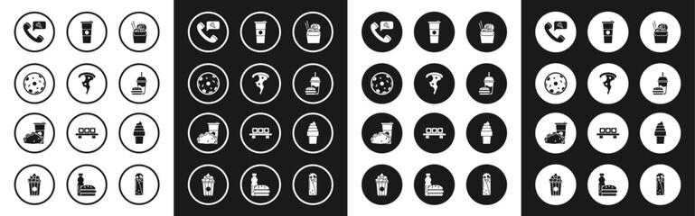 Set Asian noodles in paper box and chopsticks, Slice of pizza, Pizza, Food ordering, Paper glass with drinking straw burger, water, Ice cream waffle cone and taco tortilla icon. Vector
