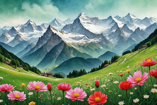 
Beautiful Snow-covered hills in the distance view landscape with sky, clouds and colorfull digital  painting, Beautiful field of tulips 
growing on the slope.
