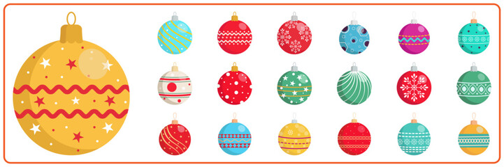 Flat colorful Christmas ornate tree toys or balls isolated on a white background, vector illustration. Collection of design elements for greeting cards, and New Year