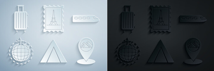 Set Tourist tent, Train, Globe with flying plane, Map pointer Egypt pyramids, Postal stamp and Eiffel tower and Suitcase for travel icon. Vector