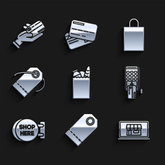 Set Paper shopping bag and food, Shopping building on screen laptop, Pos terminal with inserted credit card, Signboard hanging inscription here, and Human hand holding icon. Vector