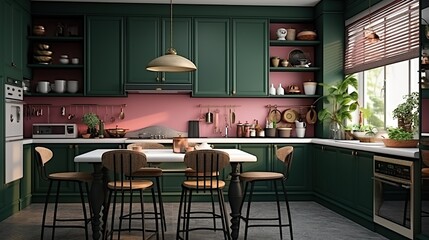 Pink and dark green kitchen. Minimalism.