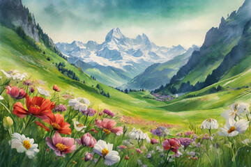 Obraz premium Beautiful Snow-covered hills in the distance view landscape with sky, clouds and colorfull digital painting, Beautiful field of tulips growing on the slope. 