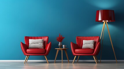 Obraz premium Modern living room with two chair and little table. Blue and red colors