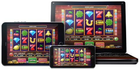 A collection of mobile devices, each showcasing a virtual casino slot game on the display screen. 3D rendered illustration.