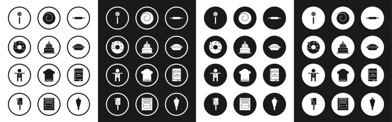 Set Rolling pin, Cake, Donut with sweet glaze, Strainer spoon, Homemade pie, bun cinnamon, Cookbook and Holiday gingerbread man cookie icon. Vector