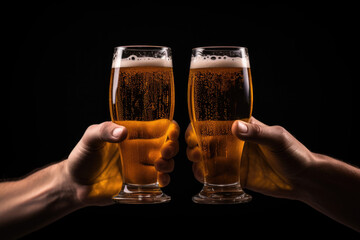two hands toasting with beer isolated on black background