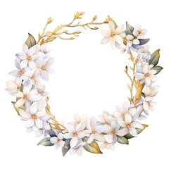 Watercolor floral frame with text space. Watercolor illustration of floral frame with white lilac and gold