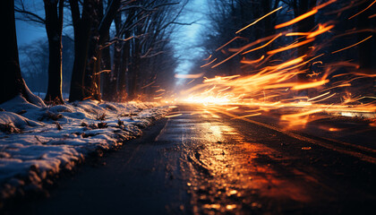 Night forest, car speed, dark blur motion, landscape motion, traffic dusk generated by AI