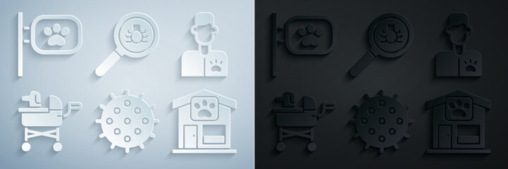 Set Tennis ball, Veterinarian doctor, Pet stroller, grooming, Flea search and icon. Vector