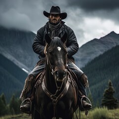 A tough cowboy on his horse in the countryside surrounded by mountains. Overcast day. Great for stories of adventure, countryside, the Wild West, wilderness, ranchers and more.