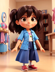 3D cute cartoon girl with brown hair in pigtails, wearing a blue jacket, a pink shirt