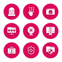 Set Security camera, Shield, Document folder protection, Lock monitor, Laptop and lock, Folder with password, Browser incognito window and Flasher siren icon. Vector