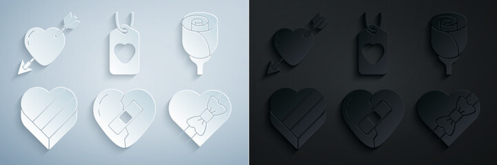 Set Healed broken heart, Flower rose, Candy in shaped box, Heart tag and Amour with arrow icon. Vector