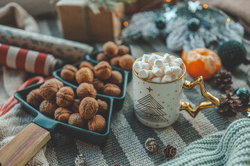 Cup of cocoa with marshmallows in a Christmas atmosphere