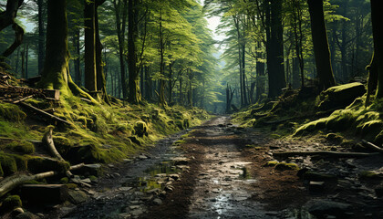 Tranquil scene of a wet forest, mysterious and full of adventure generated by AI - obrazy, fototapety, plakaty