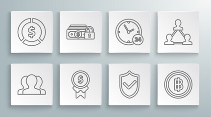 Set line Users group, Money with lock, Reward for good work, Shield check mark, Cryptocurrency coin Bitcoin, Clock 24 hours, Project team base and Coin money dollar symbol icon. Vector