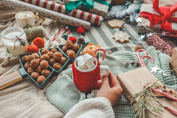 Cup of cocoa with marshmallows in a Christmas atmosphere