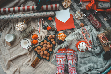 Christmas outfit, feet in socks top view