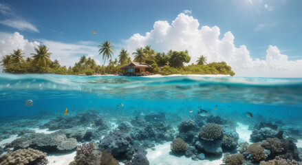 Tropical island of Maldives with underwater life