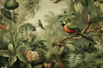 Foto op Canvas Tropical forest with old vintage drawing of birds amidst lush wallpaper jungle and leaves. Generative AI © Quintin