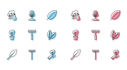 Set line Leaf, Garden rake, Tree with pears, in hand of environmental protection, Leafs, pot and Flower icon. Vector