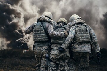 Two army soldiers helping a wounded soldier between smoke and gas in battlefield - obrazy, fototapety, plakaty