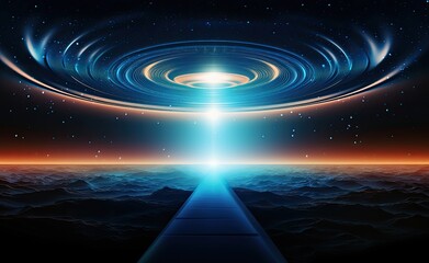 UFO space stage, alien planet with stars and beams