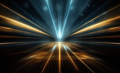 Light beams speed background. Golden lights on dark background.