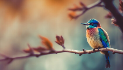 Vibrant bee eater perches on twig, surrounded by natural beauty generated by AI