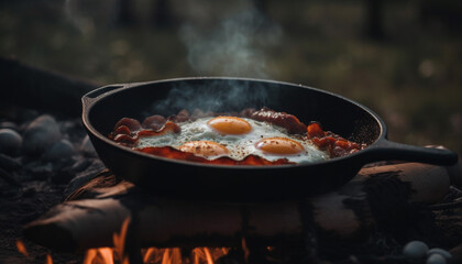 Grilled pork and fried egg on rustic cast iron frying pan generated by AI