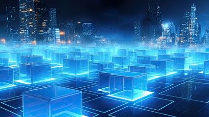 Futuristic blue cube tech city. Blockchain technology background. - obrazy, fototapety, plakaty