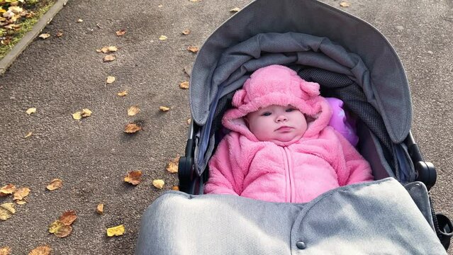 Portrait of a newborn baby girl in a stroller on the street