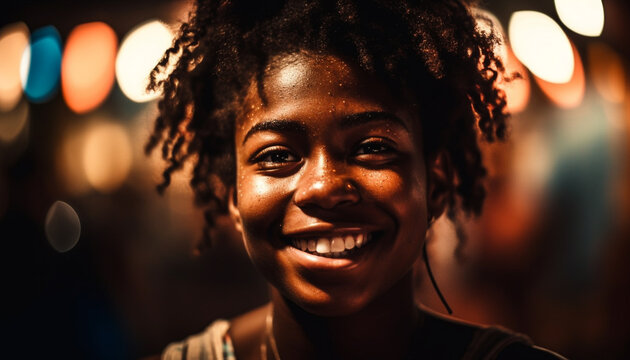 African American woman with curly hair smiling in illuminated city nightlife generated by AI