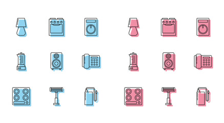 Set line Gas stove, Electric heater, Table lamp, Power bank with different charge cable, Stereo speaker, Telephone, Blender and Oven icon. Vector