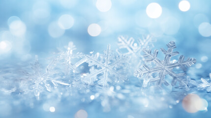 Błękitne zimowe świąteczne tło na baner, tapetę. Płatki śniegu, śnieżynki. 