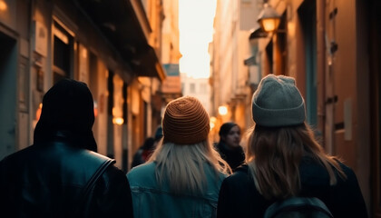 A group of young adults walking together, enjoying city nightlife generated by AI