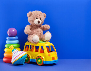 Toys for kids. Play time. Colorful fun composition.