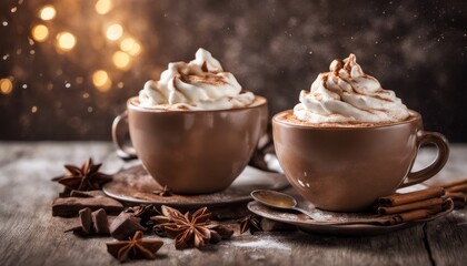 Obraz na płótnie Canvas Two cups of hot chocolate with whipped cream and cinnamon on top. The cups are on a wooden table with star anise and cinnamon sticks scattered around.