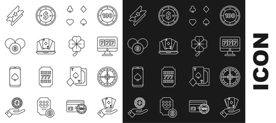 Set line Hand holding deck of playing cards, Online slot machine with lucky sevens jackpot, Playing, poker table game, Billiard pool snooker 8 ball, Lottery ticket and Four leaf clover icon. Vector