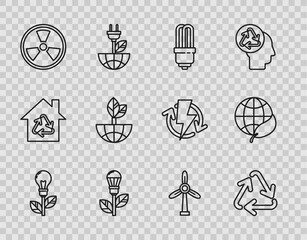 Set line Light bulb with leaf, Recycle symbol, LED light, Radioactive, Earth globe and, Wind turbine and icon. Vector