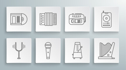 Set line Musical tuning fork, instrument accordion, Microphone, Metronome with pendulum motion, Harp, tape player, and Vinyl disk icon. Vector