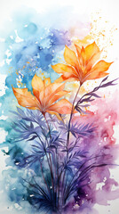 Fototapeta na wymiar Abstract delicate tropical background in watercolor style. Exotic flowers in watercolor splashes