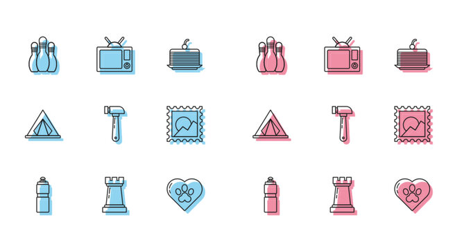 Set line Fitness shaker, Chess symbol, Bowling pin, Heart with animals footprint, Hammer, Picture landscape, Tourist tent and Television icon. Vector