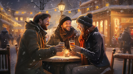 friends enjoying drinks at a festive outdoor winter market
