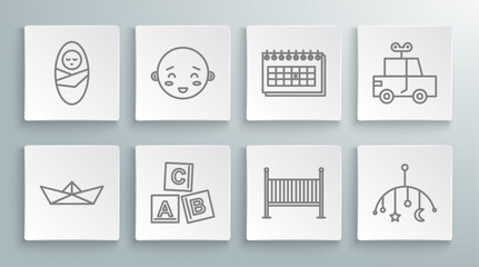Fototapeta premium Set line Folded paper boat, Happy little boy head, ABC blocks, Baby crib cradle bed, hanging toys, Calendar, Toy car and Newborn baby infant swaddled icon. Vector