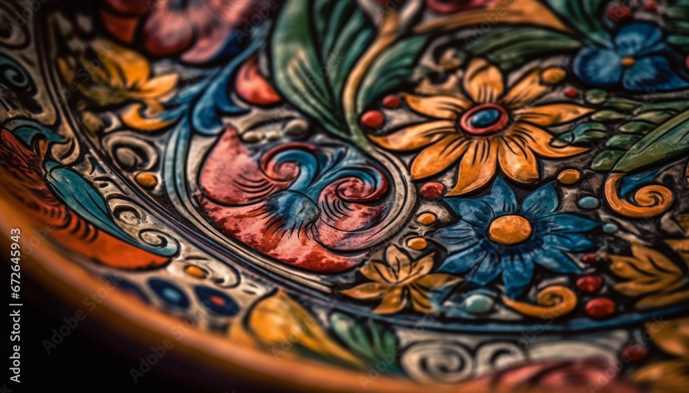 Poster Ancient pottery with vibrant colors and ornate floral patterns generated by AI