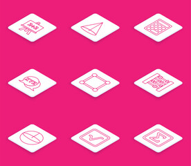 Set line Calculator, Graph, schedule, chart, diagram, Triangle math, Chalkboard with, and Open book icon. Vector